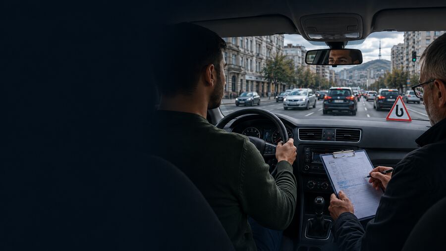 პრაქტიკული გამოცდა ქალაქში — მძღოლი საჭესთან, გამომცდელი შეფასების ფურცლით